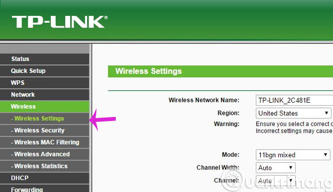 Chọn menu Wireless Settings Chọn menu Wireless Settings
