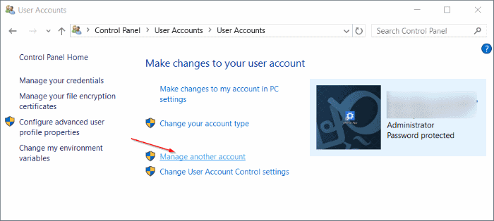 Click chọn liên kết Manage another account 