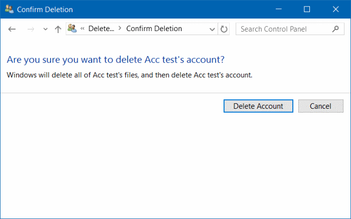 chọn Delete Account để xóa tài khoản user bạn đã chọn