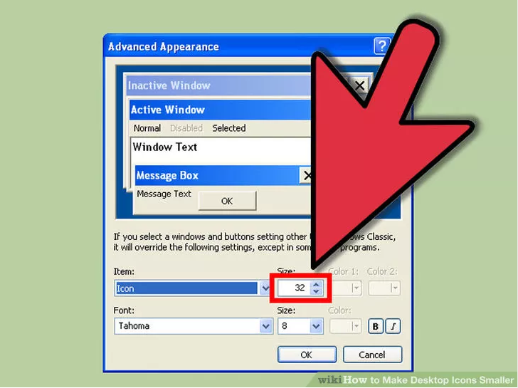 Trên hộp thoại Advanced Appearance bạn chọn Icon 