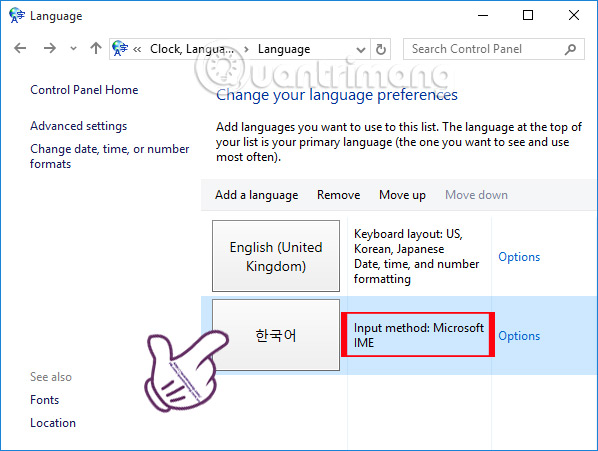 Danh sách ngôn ngữ bàn phím Windows