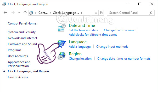 Nhấn chọn mục Language