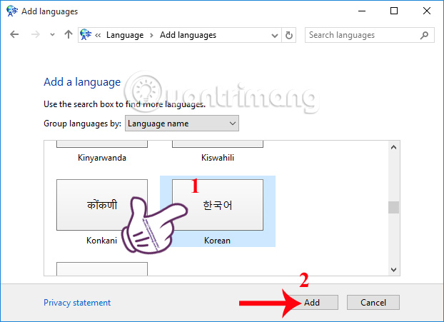 Thêm ngôn ngữ tiếng Hàn Windows