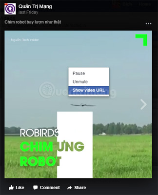 Chọn Show video URL để lấy URL video Facebook