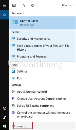 Mở Control Panel trên Windows 10