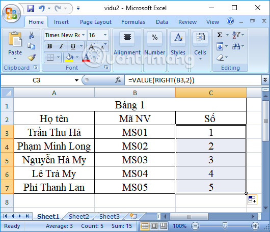 Kết quả hàm Value cho bảng Excel 