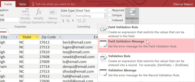 Chọn Field Validation Message để tùy chỉnh thông báo lỗi