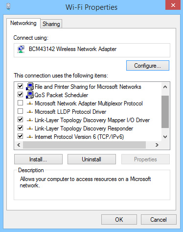 Chọn tùy chọn File and Printer Sharing for Microsoft