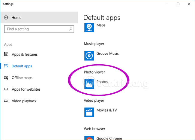 Tìm Photo Viewer trong cài đặt ứng dụng mặc định trên Windows 10