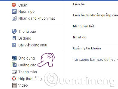 Vào cài đặt trên Facebook > Chọn Quảng cáo