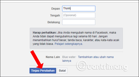 Nhập tên Facebook 1 chữ