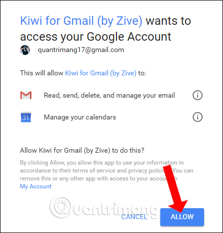 Kiwi for Gmail truy cập Gmail 