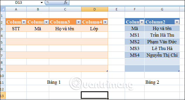 Bảng danh sách Excel