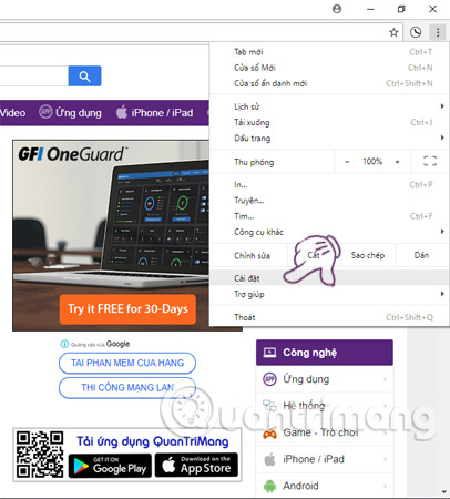 Truy cập vào phần Settings trên Chrome