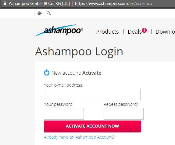Đăng ký tài khoản Ashampoo