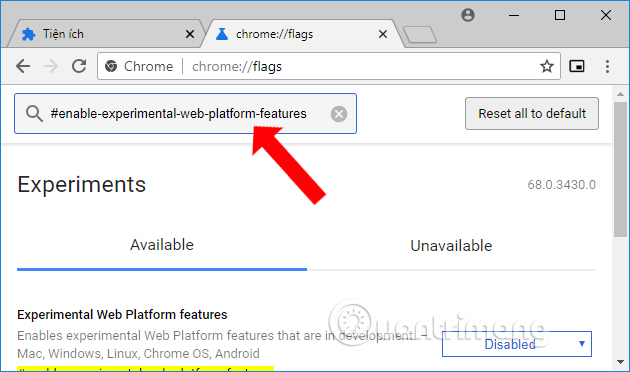 Tìm kiếm trên Chrome Flags 