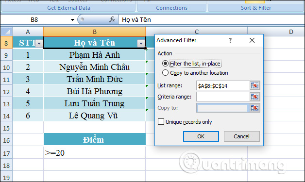 Cách sử dụng Advanced Filter lọc dữ liệu trên Excel - Ảnh minh hoạ 5