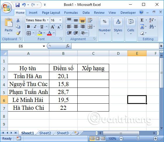 Cách xếp hạng trên Excel bằng hàm RANK