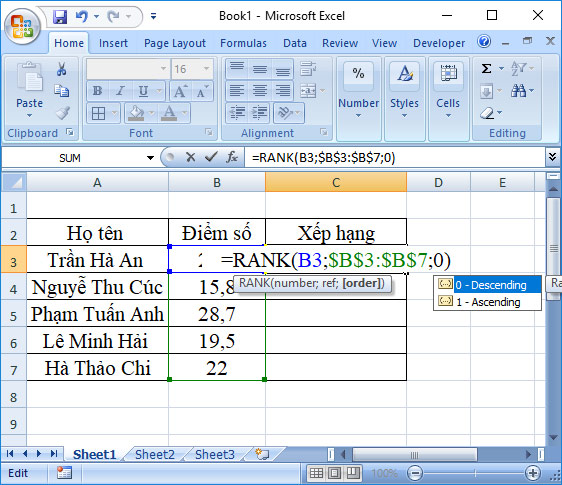 Cách xếp hạng trên Excel bằng hàm RANK - Ảnh minh hoạ 2