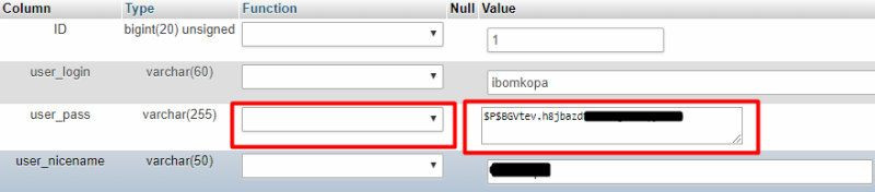 Chỉnh sửa cột user_password