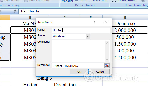 Cách đặt tên cho ô hoặc vùng dữ liệu Excel - Ảnh minh hoạ 2