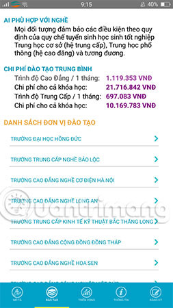 Ứng dụng cho biết thông tin các môn học chính, yêu cầu đối với người học, yêu cầu chuẩn đầu ra,...