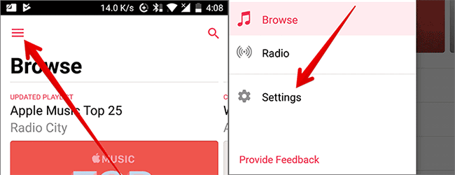 Vào Cài đặt Apple Music trên Android